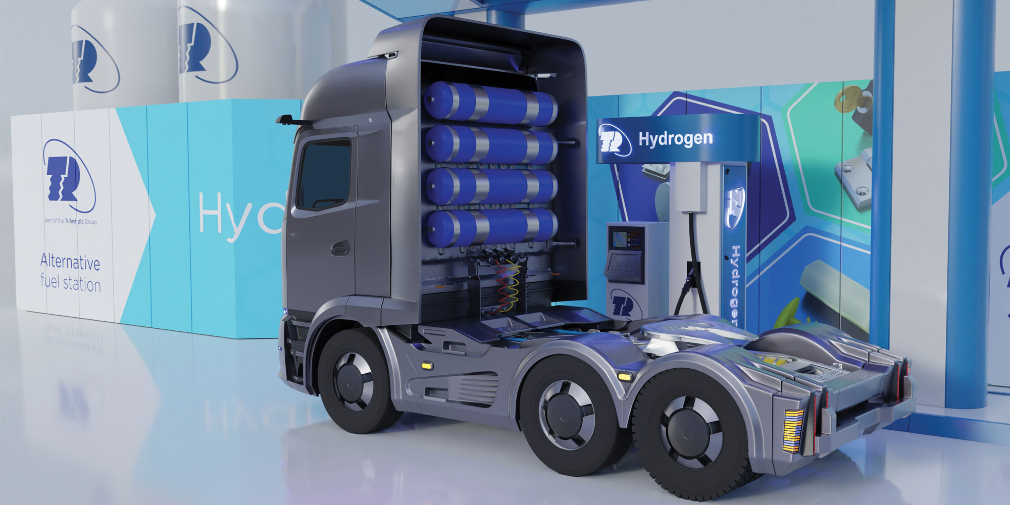 CGI of a Hydrogen heavy goods vehicle pulling up to a re filling station