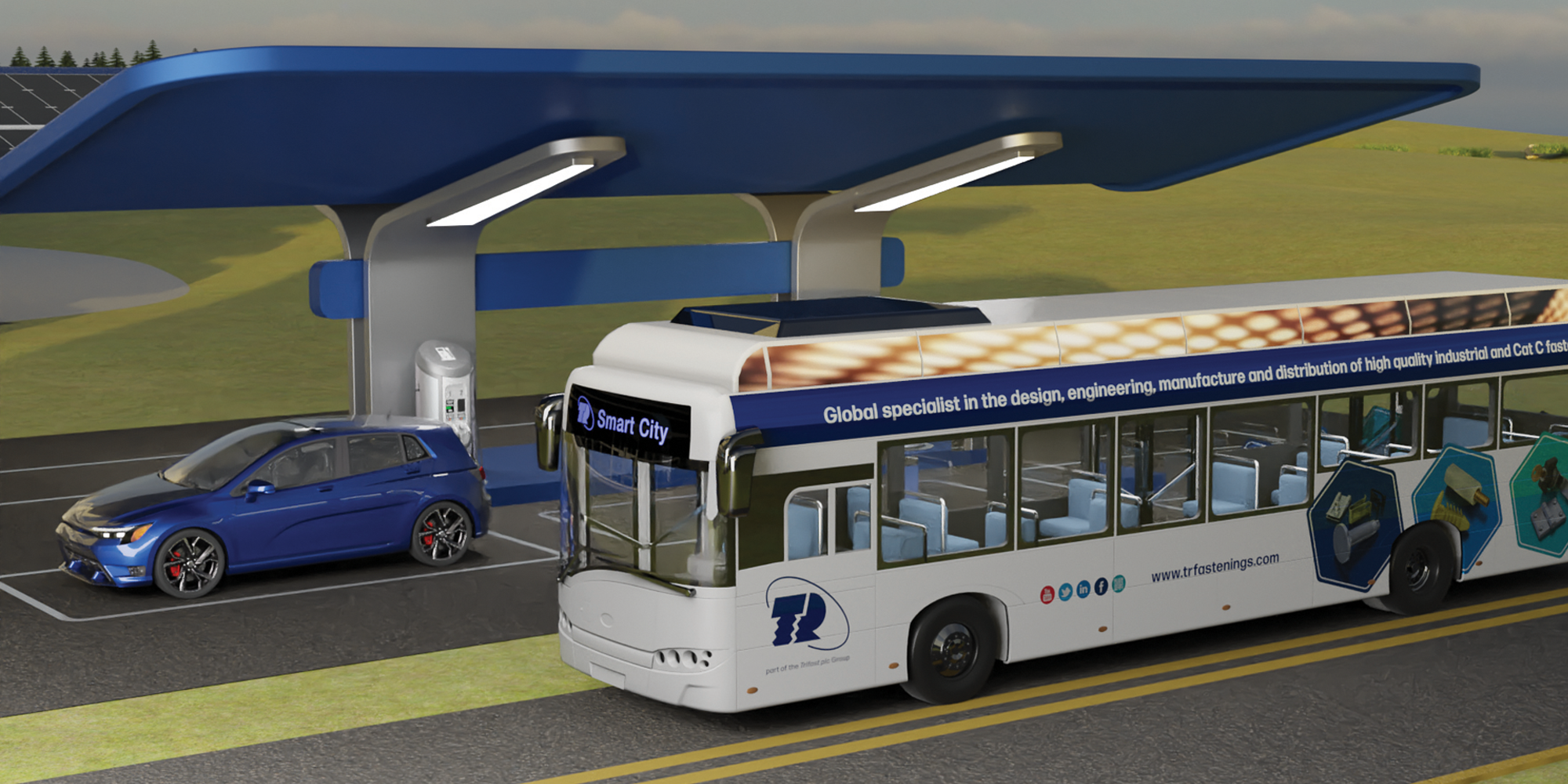 A CGI of a white bus and blue electric car parked at a electric vehicle charging station