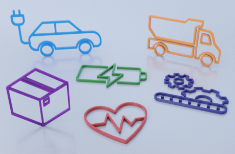 CGI of line drawings of a blue electric car, orange lorry, purple box, green battery, purple cogs and a red heart