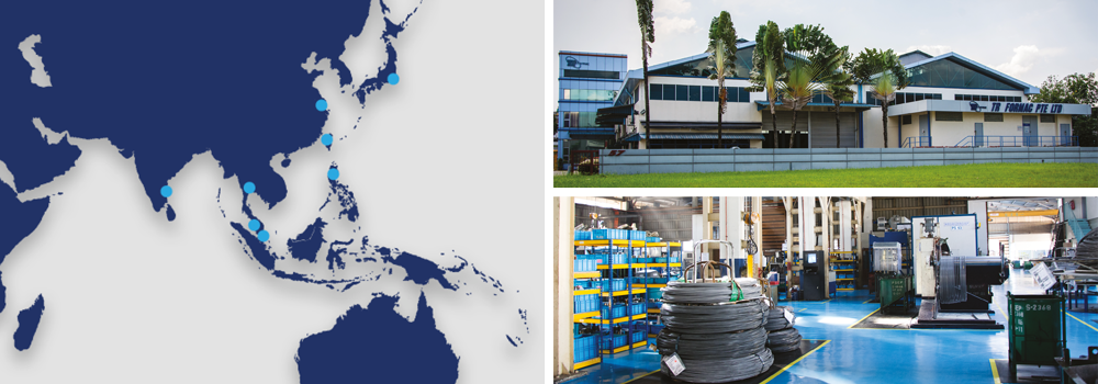 Map of TR Asia locations on left with image of TR Formac building top right and picture of factory bottom right